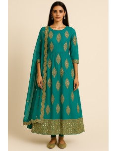 Anarkali turquoise avec sequins dorées  - 1