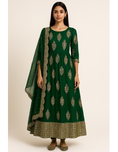 Anarkali vert avec sequins dorées  - 1