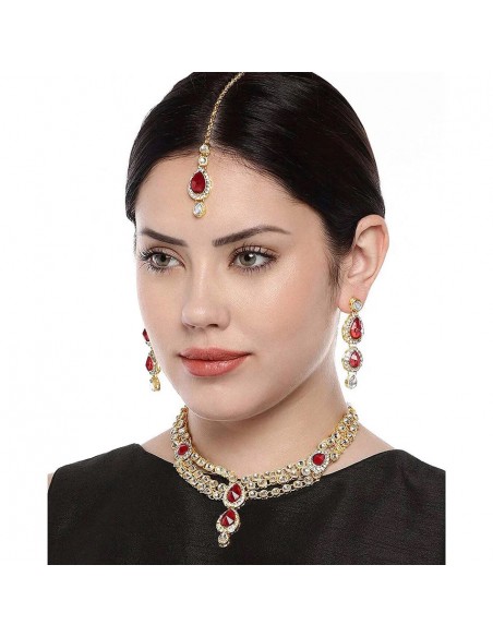 Parure de Bijoux Traditionnels Dorés avec Pierres rouge et dore  - 2