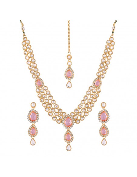 Parure de Bijoux Traditionnels Dorés avec Pierres Rose  - 1