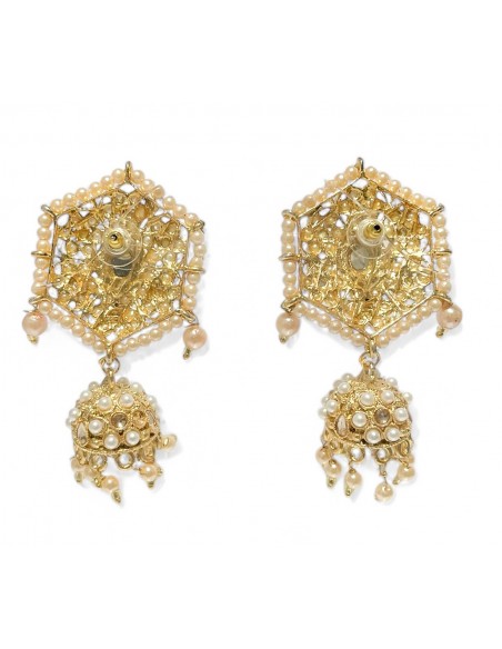 Boucles d’Oreilles Indiennes Jhumka Dorées – Hexagone Perlé et Cloche Pendante  - 1