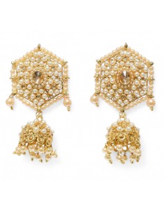 Boucles d’Oreilles Indiennes Jhumka Dorées – Hexagone Perlé et Cloche Pendante  - 2