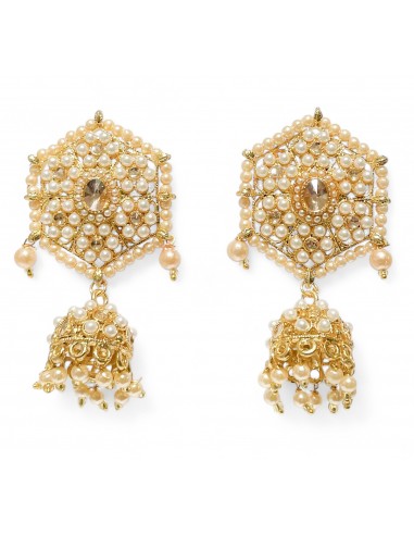 Boucles d’Oreilles Indiennes Jhumka Dorées – Hexagone Perlé et Cloche Pendante  - 2