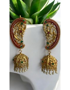 Boucles Indiennes Jhumka Motif Floral avec Pierres Rouge et Vert Émeraude  - 1