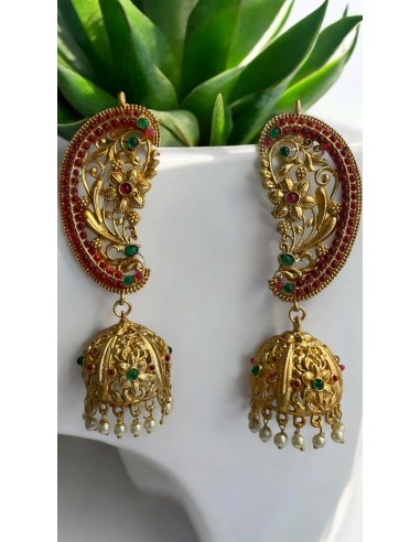 Boucles Indiennes Jhumka Motif Floral avec Pierres Rouge et Vert Émeraude  - 1