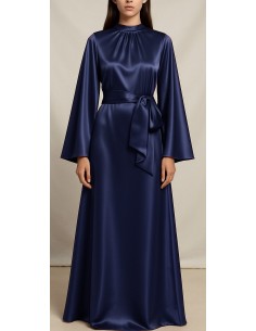 Robe Longue Satinée Col Haut – Élégance Minimaliste Bleu  - 1