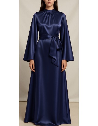 Robe Longue Satinée Col Haut – Élégance Minimaliste Bleu  - 1