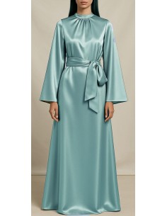 Robe Longue Satinée Col Haut – Élégance Minimaliste Bleu turquoise  - 1