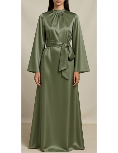 Robe Longue Satinée Col Haut – Élégance Minimaliste Vert  - 1
