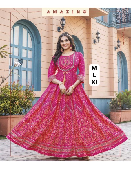 Robe Kurti indienne – Rose fuchsia & doré  - 1