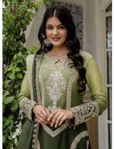 Salwar Kameez 3 pièces brodé - Tenue traditionnelle élégante Anarkali Vert olive et pistache  - 1 2