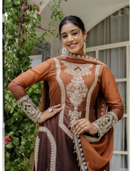 Salwar Kameez 3 pièces brodé - Tenue traditionnelle élégante Anarkali Marron chocolat et cuivre  - 1