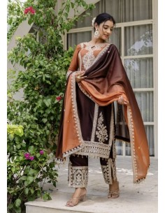 Salwar Kameez 3 pièces brodé - Tenue traditionnelle élégante Anarkali Marron chocolat et cuivre  - 2