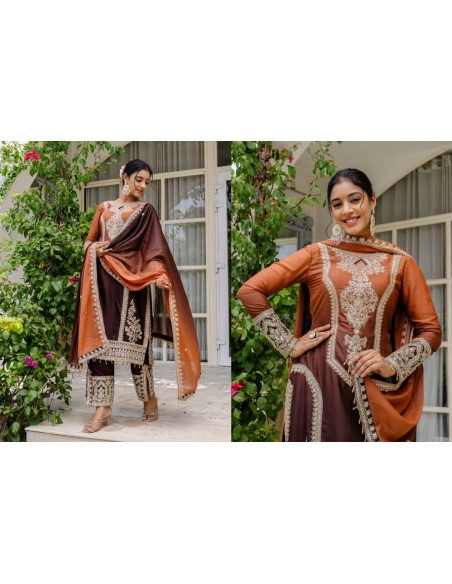 Salwar Kameez 3 pièces brodé - Tenue traditionnelle élégante Anarkali Marron chocolat et cuivre  - 3