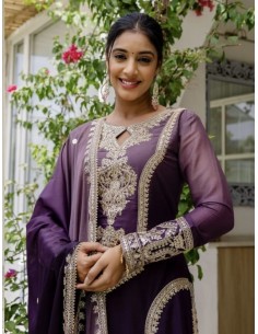 Salwar Kameez 3 pièces brodé - Tenue traditionnelle élégante Anarkali Violet aubergine  - 1 2