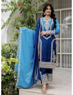 Salwar Kameez 3 pièces brodé - Tenue traditionnelle élégante Anarkali Bleu roi et turquoise  - 1