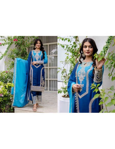 Salwar Kameez 3 pièces brodé - Tenue traditionnelle élégante Anarkali Bleu roi et turquoise  - 3