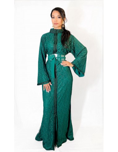 Caftan marocain sirène en dentelle brillante – VERT  - 1