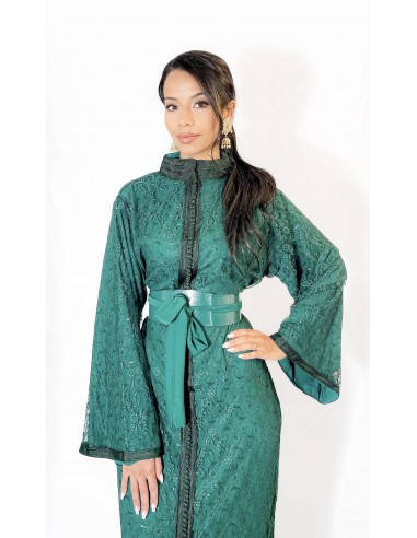 Caftan marocain sirène en dentelle brillante – VERT  - 2