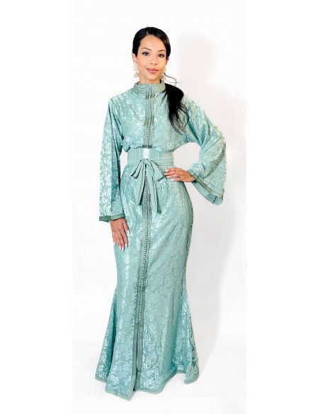 Caftan marocain sirène en dentelle – VERT D'EAU  - 1
