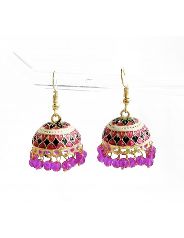 Boucles d’oreilles Jhumka traditionnelles – Rouge et noir avec perles violettes  - 1