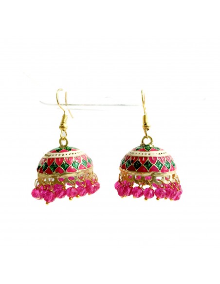 Boucles d’oreilles Jhumka traditionnelles –  avec perles rose  - 1