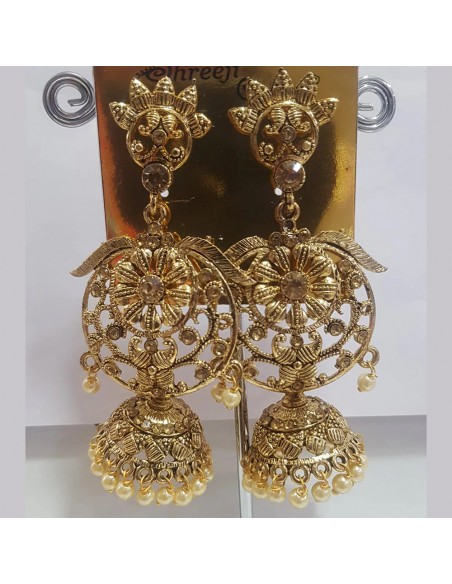 Boucles d’oreilles indiennes dorées sculptées – Design royal avec perles  - 2