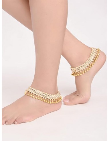 Anklets traditionnelles indiennes dorées avec perles blanches – Lot de 2  - 3
