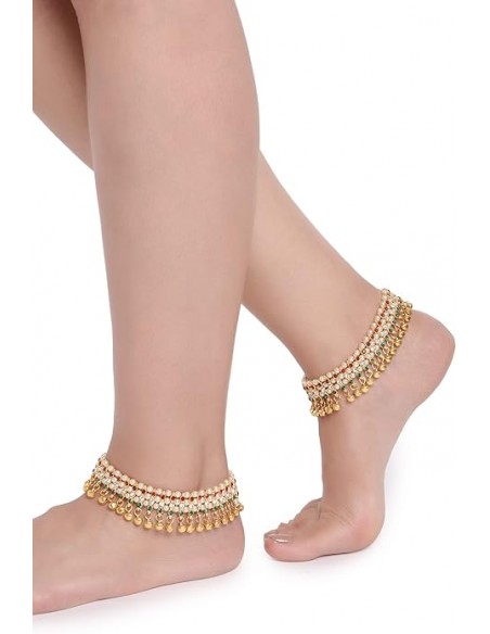 Anklets traditionnelles indiennes dorées avec perles colorés – Lot de 2  - 3