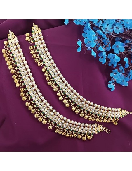Anklets traditionnelles indiennes dorées avec perles colorés – Lot de 2  - 1