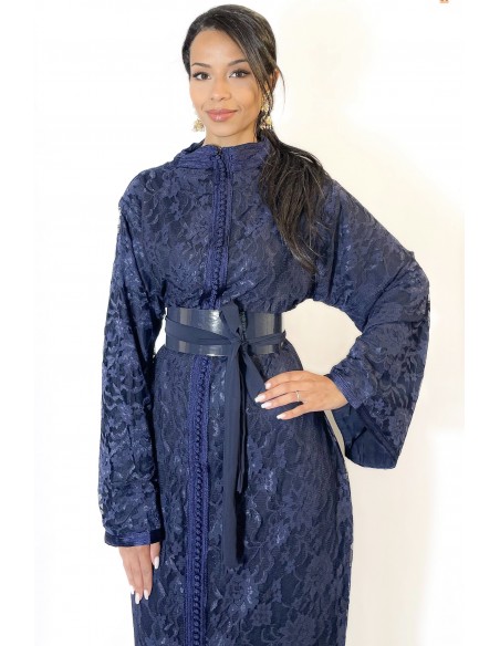 Caftan marocain sirène en dentelle  – Bleu nuit  - 1