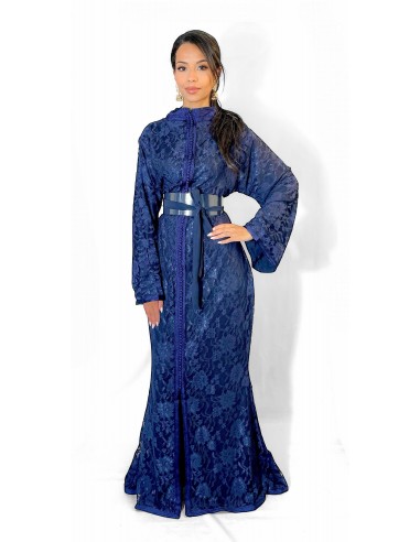 Caftan marocain sirène en dentelle  – Bleu nuit  - 2