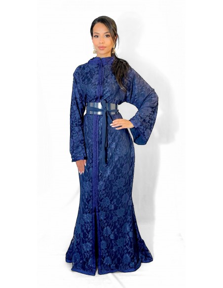 Caftan marocain sirène en dentelle  – Bleu nuit  - 2