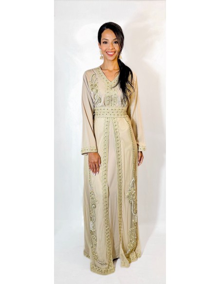 Caftan Robe orientale Beige avec Broderies Dorées - Élégance  - 1