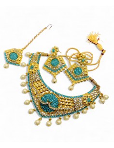 Parure Indienne Dorée et Turquoise avec Perles – Collier, Boucles d’oreilles et Maang Tikka  - 1