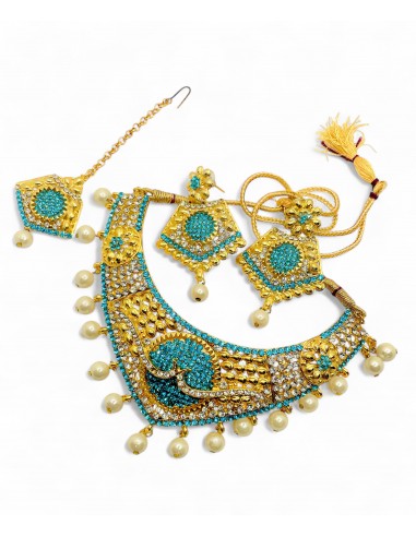 Parure Indienne Dorée et Turquoise avec Perles – Collier, Boucles d’oreilles et Maang Tikka  - 1