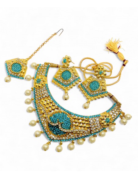 Parure Indienne Dorée et Turquoise avec Perles – Collier, Boucles d’oreilles et Maang Tikka  - 1
