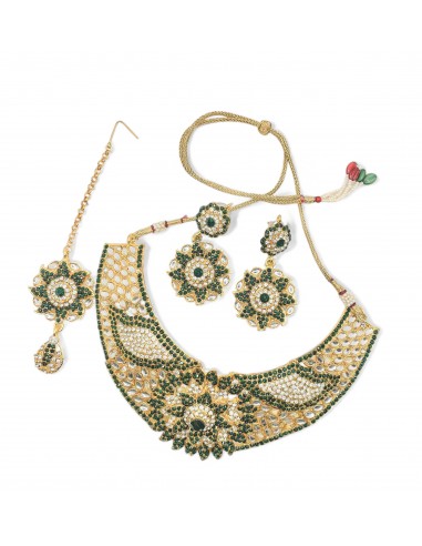 Parure Indienne Dorée et Vert Émeraude – Collier, Boucles d’oreilles et Maang Tikka  - 1