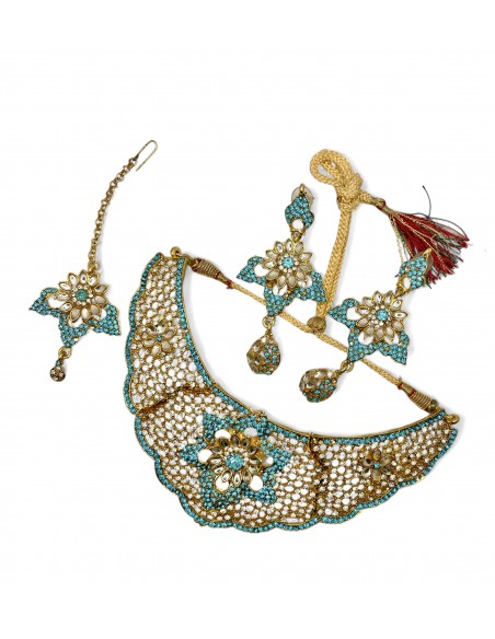 Parure Indienne Dorée et Turquoise Fleurie – Collier, Boucles d’oreilles et Maang Tikka  - 1