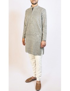Kurta Homme Noir et Blanc à Motif Géométrique – Élégance Moderne et Tradition  - 2