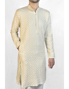 Kurta Homme crème et doré à Motif Géométrique – Élégance Moderne et Tradition  - 1 2