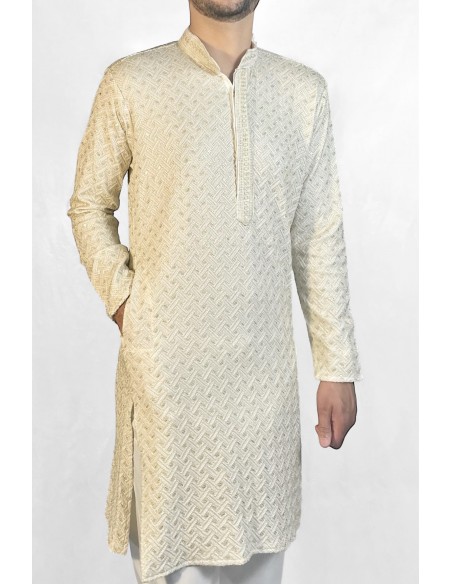 Kurta Homme crème et doré à Motif Géométrique – Élégance Moderne et Tradition  - 2
