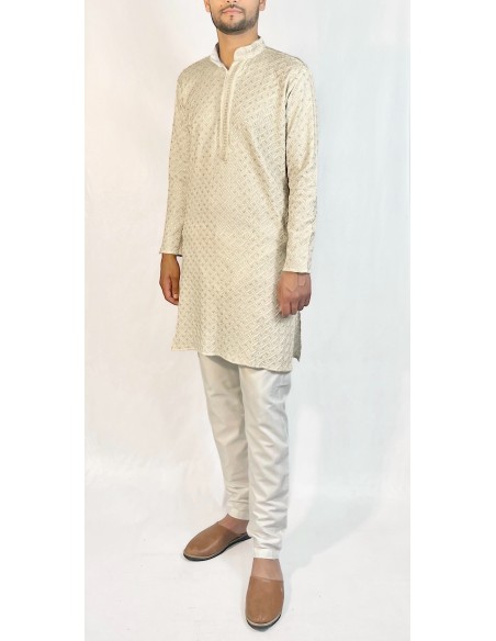 Kurta Homme crème et doré à Motif Géométrique – Élégance Moderne et Tradition  - 1