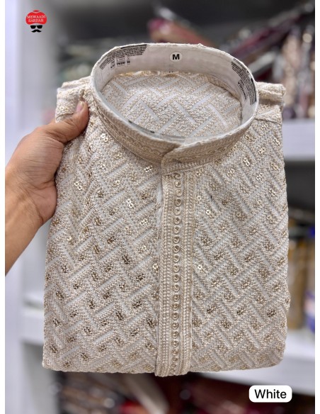 Kurta Homme crème et doré à Motif Géométrique – Élégance Moderne et Tradition  - 3