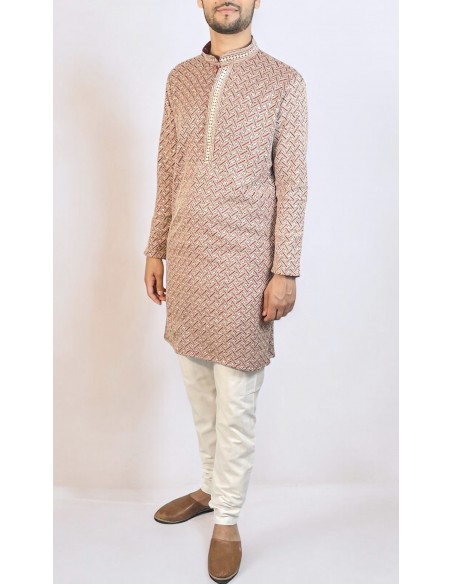 Kurta Homme rouge et doré à Motif Géométrique – Élégance Moderne et Tradition  - 1