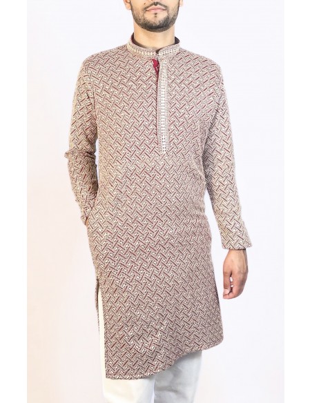 Kurta Homme rouge et doré à Motif Géométrique – Élégance Moderne et Tradition  - 2