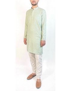 Kurta Homme pistache et doré à Motif Géométrique – Élégance Moderne et Tradition  - 1