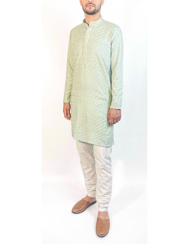 Kurta Homme pistache et doré à Motif Géométrique – Élégance Moderne et Tradition  - 1