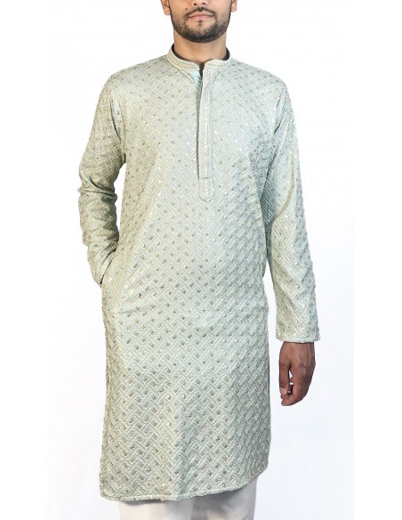 Kurta Homme pistache et doré à Motif Géométrique – Élégance Moderne et Tradition  - 2