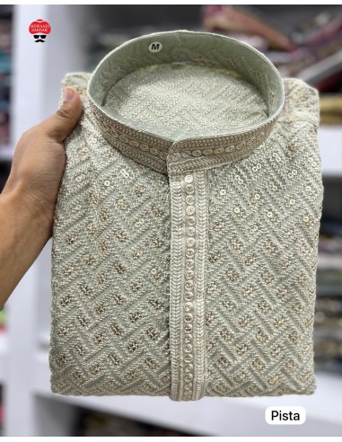 Kurta Homme pistache et doré à Motif Géométrique – Élégance Moderne et Tradition  - 3
